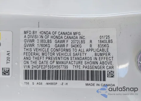 2025 Honda Civic Sport z USA, uszkodzony, nr VIN 2HGFE2F59SH567799